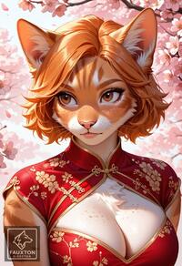 1girl animal_ear_fluff animal_ears artist:fauxton_director artist_name breasts brown_eyes cat_ears cat_girl cherry_blossoms china_dress chinese_clothes cleavage cleavage_cutout clothing_cutout dress freckles furry furry_female large_breasts orange_hair red_dress short_hair short_sleeves solo upper_body // 832x1216 // 302KB