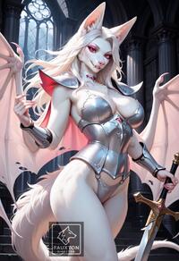 1girl animal_ears armor artist:fauxton_director bikini_armor breasts cleavage fingernails furry furry_female holding holding_sword holding_weapon indoors large_breasts long_hair looking_at_viewer sharp_fingernails shoulder_armor solo sword tail weapon white_fur white_hair wings // 832x1216 // 253KB