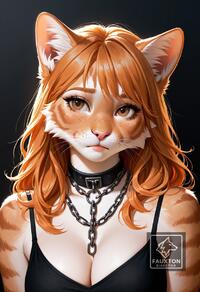 1girl animal_ears animal_nose artist:fauxton_director artist_name black_background breasts brown_eyes cat_ears chain cleavage closed_mouth collar freckles furry furry_female long_hair orange_fur orange_hair simple_background solo upper_body whiskers // 832x1216 // 261KB