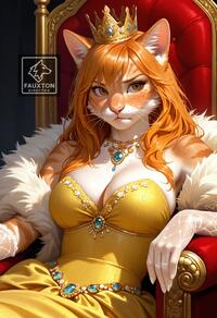 1girl animal_ear_fluff animal_ears animal_nose artist:fauxton_director breasts brown_eyes cat_ears cleavage crown dress furry furry_female gloves jewelry large_breasts long_hair looking_at_viewer necklace orange_hair sitting solo throne whiskers yellow_dress // 832x1216 // 280KB