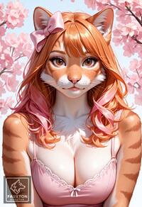 1girl animal_ears artist:fauxton_director artist_name bow breasts brown_eyes cherry_blossoms cleavage freckles furry furry_female hair_bow large_breasts long_hair looking_at_viewer multicolored_hair orange_fur orange_hair pink_bow solo upper_body // 832x1216 // 279KB