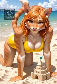 1girl all_fours animal_ears animal_nose artist:fauxton_director artist_name beach breasts brown_eyes cat_ears cat_girl cleavage cloud day furry furry_female looking_at_viewer ocean one-piece_swimsuit orange_hair outdoors sand sand_castle sand_sculpture sky smile solo swimsuit tail yellow_one-piece_swimsuit // 832x1216 // 252KB