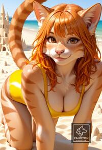1girl all_fours animal_ears artist:fauxton_director artist_name beach breasts brown_eyes cat_ears cat_girl cat_tail cleavage day freckles furry furry_female looking_at_viewer medium_breasts ocean one-piece_swimsuit orange_hair outdoors sand sand_sculpture smile solo swimsuit tail whiskers yellow_one-piece_swimsuit // 832x1216 // 242KB