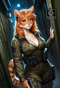 1girl animal_ears artist:fauxton_director artist_name breasts brown_eyes camouflage cleavage furry furry_female gun handgun holding holding_weapon large_breasts looking_at_viewer moon night orange_hair solo tail weapon // 832x1216 // 279KB
