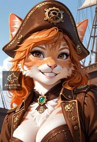 1girl animal_ear_fluff animal_ears animal_nose artist:fauxton_director artist_name breasts brown_eyes brown_jacket cat_ears cat_girl cleavage day freckles furry furry_female grin hat jacket orange_hair ship sky smile solo teeth upper_body watercraft whiskers // 832x1216 // 283KB