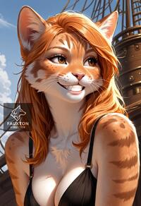 1girl animal_ears animal_nose artist:fauxton_director artist_name blue_sky breasts brown_eyes cat_ears cleavage day freckles furry furry_female grin long_hair medium_breasts orange_fur orange_hair outdoors sky smile solo teeth upper_body whiskers // 832x1216 // 252KB