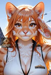 1girl aircraft airplane animal_ears artist:fauxton_director breasts brown_eyes cleavage freckles furry furry_female large_breasts long_hair looking_at_viewer orange_hair salute solo upper_body whiskers // 832x1216 // 284KB