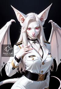 1girl animal_ears artist:fauxton_director bat_wings belt black_background black_choker breasts choker cleavage fangs fingernails furry furry_female long_hair long_sleeves looking_at_viewer military military_uniform pocket red_eyes sharp_fingernails simple_background solo tail uniform white_fur white_hair white_pants wings // 832x1216 // 207KB