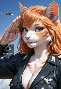 1girl aircraft airplane animal_ears animal_nose artist:fauxton_director artist_name black_jacket body_fur breasts brown_eyes cat_ears cat_girl cleavage fighter_jet freckles furry furry_female jacket jet looking_at_viewer military orange_hair salute sky smile solo upper_body whiskers // 832x1216 // 257KB
