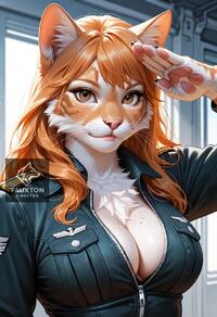 1girl animal_ears animal_nose artist:fauxton_director artist_name body_fur breast_pocket breasts brown_eyes cat_ears cleavage freckles furry furry_female indoors large_breasts long_hair looking_at_viewer orange_hair partially_unzipped pocket salute solo upper_body whiskers white_fur zipper // 832x1216 // 266KB