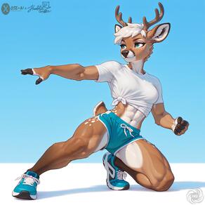 1girl abs animal_ears antlers artist:humble_grifter artist_name blue_background blue_eyes breasts clenched_hand deer_ears deer_girl deer_tail full_body furry furry_female horns medium_breasts midriff muscular muscular_female navel outstretched_arm reindeer_antlers shirt shoes short_hair short_shorts short_sleeves shorts sneakers snout solo tail thighs watermark white_hair white_shirt // 2000x2000 // 249KB