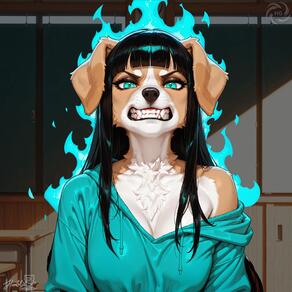 1girl animal_ears animal_nose artist:humble_grifter black_hair blunt_bangs body_fur breasts cleavage collarbone dog_ears dog_girl drawstring fangs fire furry furry_female hood hood_down hoodie indoors long_hair looking_at_viewer off_shoulder single_bare_shoulder snout solo teeth upper_body watermark // 2000x2000 // 345KB