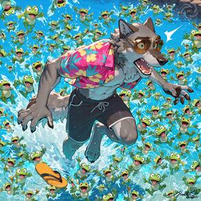 1boy abs animal_ears artist:humble_grifter bara furry furry_male hawaiian_shirt male_focus male_swimwear muscular muscular_male open_mouth open_shirt pectorals shirt shorts splashing sunglasses tail water wolf_ears // 2000x2000 // 983KB