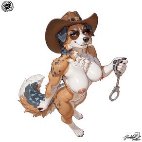 1girl animal_ears animal_feet animal_nose artist:humble_grifter artist_name barbell_piercing body_fur breasts brown_eyes brown_headwear claws completely_nude cowboy_hat cuffs dog_ears dog_girl dog_tail from_above full_body furry furry_female handcuffs hat holding large_breasts looking_at_viewer looking_up navel nipple_piercing nipples nude orange_fur paws piercing signature simple_background smile snout solo standing sunglasses tail white_background white_fur // 2000x2000 // 234KB