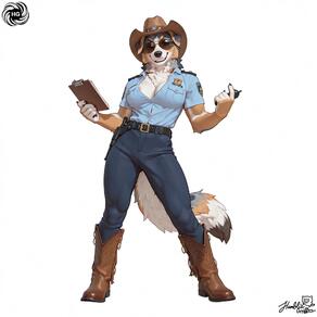1girl animal_ears artist:humble_grifter artist_name belt blue_pants blue_shirt body_fur boots breasts brown_footwear brown_fur cleavage clipboard collared_shirt dog_ears dog_tail fangs full_body furry furry_female gun hands_up hat holding holstered large_breasts looking_at_viewer multicolored_fur open_mouth orange_fur pants pocket police police_badge police_uniform policewoman shirt short_sleeves signature simple_background solo standing sunglasses tail teeth uniform walkie-talkie weapon white_background white_fur // 2000x2000 // 202KB