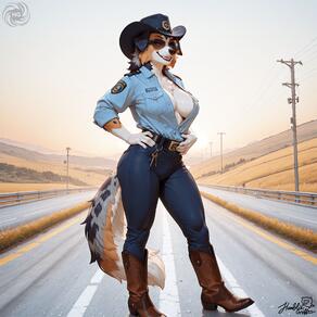 1girl animal_ears animal_nose artist:humble_grifter artist_name belt blue_pants blue_shirt body_fur boots breast_pocket breasts brown_footwear collared_shirt day dog_ears dog_girl dog_tail full_body furry furry_female hat large_breasts looking_at_viewer no_bra open_clothes orange_fur outdoors pants pocket police police_badge police_uniform policewoman road shirt shirt_tucked_in signature sky smile snout solo standing tail teeth uniform watermark white_fur // 2000x2000 // 355KB
