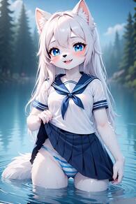 1girl animal_ear_fluff animal_ears artist:furryfunparty blue_eyes blue_skirt blush breasts character:yuki clothes_lift female furry furry_female lifted_by_self loli long_hair looking_at_viewer neckerchief open_mouth outdoors panties petite pleated_skirt sailor_collar school_uniform serafuku shirt short_sleeves skirt skirt_lift smile solo striped_clothes striped_panties tail underwear wading water wet white_hair white_shirt wolf // 512x768 // 133KB