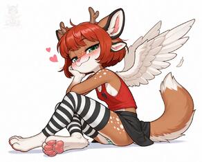 4ears anthro antlers artist:aecii_3d character:rubi(aecii_3d) chimera deer_spots female furry green_eyes pawpads pawpads:pink petite pink_nose red_hair tail tail:fox thighhighs thighhighs:striped wings wings:feathered // 1280x1024 // 132KB