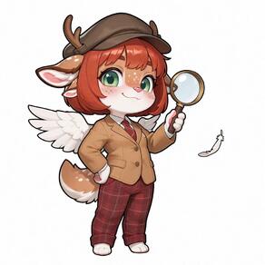 4ears anthro antlers artist:aecii_3d blazer character:rubi(aecii_3d) chibi chimera deer_spots feather female furry green_eyes magnifying_glass pants petite pink_nose red_hair tail tail:fox wings wings:feathered // 1024x1024 // 93KB