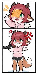 3koma 4ears angry anthro antlers artist:aecii_3d character:rubi(aecii_3d) cheese chibi chimera comic deer_spots dolphin_shorts female furry green_eyes gun happy hoodie meme petite pink_nose red_hair rifle tail tail:fox wings wings:feathered // 512x1024 // 90KB