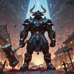 1boy armor artist:humble_grifter bara blood cow_ears cow_horns full_body furry furry_male holding horns lightning male_focus minotaur muscular muscular_male pauldrons pectorals pelvic_curtain shoulder_armor weapon // 2000x2000 // 257KB