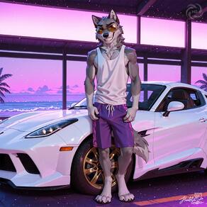 1boy animal_ears artist:humble_grifter artist_name car full_body furry furry_male looking_at_viewer male_focus motor_vehicle palm_tree purple_shorts shorts signature smile solo standing sunglasses tail tank_top white_tank_top wolf_boy wolf_ears wolf_tail // 2000x2000 // 225KB