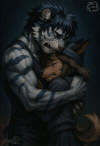 1boy 1girl animal_ears artist:humble_grifter beanie brown_hair clenched_teeth closed_eyes crying furry furry_female furry_male furry_with_furry hat hug muscular tail tank_top tears teeth // 1373x2000 // 158KB