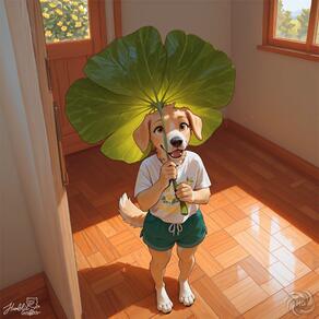 1boy animal_ears artist:humble_grifter artist_name barefoot brown_eyes dog_boy dog_ears dog_tail full_body furry furry_female furry_male green_shorts holding indoors leaf looking_up male_focus open_mouth shirt shorts signature solo standing tail white_shirt window wooden_floor // 2000x2000 // 173KB