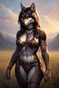 artist:fauxton_director bra gray_fur orange_eyes solo tribal wolf // 512x768 // 56KB