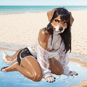 1girl animal_ears animal_nose artist:humble_grifter beach black_hair black_shorts body_fur breasts brown_eyes day dog_ears dog_girl dog_tail dolphin_shorts furry furry_female long_hair medium_breasts nipples no_bra ocean off_shoulder outdoors sand see-through shirt short_shorts shorts snout solo tail water wet wet_clothes wet_hair wet_shirt white_shirt // 1200x1200 // 135KB
