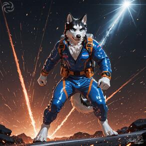 1boy animal_ears artist:humble_grifter backpack blue_eyes dog_boy dog_ears dog_tail full_body furry furry_male jumpsuit male_focus solo tail // 2000x2000 // 234KB