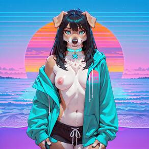 1girl animal_ears animal_nose aqua_jacket artist:humble_grifter beach black_hair black_shorts body_fur breasts cowboy_shot dog_ears dog_girl drawstring furry furry_female jacket long_hair looking_at_viewer medium_breasts navel nipples ocean open_clothes open_jacket open_mouth short_shorts shorts snout solo standing teeth // 2000x2000 // 225KB