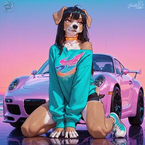 1girl animal_ears animal_nose artist:humble_grifter artist_name black_hair black_shorts body_fur borrowed_character car dog_ears dog_girl dog_tail dolphin_shorts full_body furry furry_female kneeling long_hair looking_to_the_side motor_vehicle off_shoulder reflection shoes shorts sneakers snout solo sweater tail // 2000x2000 // 214KB