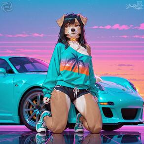 1girl animal_ears animal_nose artist:humble_grifter artist_name black_hair black_shorts body_fur borrowed_character breasts car dog_ears dog_girl dog_tail dolphin_shorts full_body furry furry_female kneeling looking_to_the_side motor_vehicle off_shoulder reflection shoes short_shorts shorts sky sneakers snout solo sweater tail // 2000x2000 // 222KB