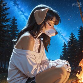 1girl animal_ears artist:humble_grifter black_hair blush campfire closed_eyes dog_ears fire furry furry_female long_hair night night_sky off_shoulder outdoors shorts sky solo star_(sky) starry_sky sweater tree white_sweater // 2000x2000 // 288KB
