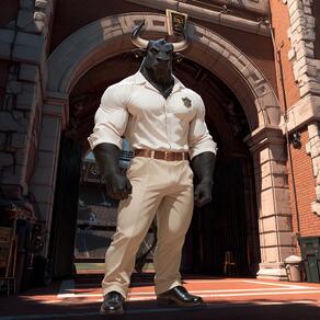 1boy animal_ears artist:humble_grifter bara belt bulge cow_ears cow_horns full_body furry furry_male horns large_pectorals male_focus minotaur muscular muscular_male pants pectorals shirt solo tail white_shirt // 1000x1000 // 158KB