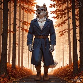 1boy animal_ears artist:humble_grifter autumn autumn_leaves boots brown_footwear coat forest full_body furry furry_male glasses leaf male_focus nature outdoors pants shirt signature solo tail tree white_shirt // 2000x2000 // 327KB