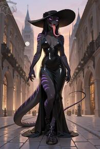1girl animal_feet artist:animefurever artist_name black_choker black_dress black_hair black_headwear breasts character:lilith choker dress forked_tongue full_body furry furry_female hat hat_flower long_tongue looking_at_viewer outdoors purple_eyes reptile_girl solo tail teeth tongue tongue_out walking // 1152x1728 // 102KB