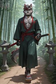 1boy abs animal_ears artist:animefurever bamboo bamboo_forest character:azrael dog_boy forest full_body furry furry_male green_eyes holding holding_sword holding_weapon japanese_clothes katana kimono looking_at_viewer male_focus muscular nature outdoors pectorals red_hair sheath solo streaked_hair sword tail walking weapon // 1152x1728 // 114KB