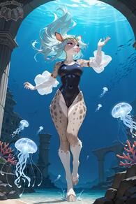 1girl animal_ears artist:animefurever black_one-piece_swimsuit breasts bubble character:imogen coral detached_sleeves fish full_body furry furry_female highleg jellyfish long_hair ocean one-piece_swimsuit purple_eyes see-through see-through_sleeves solo swimsuit underwater water // 1152x1728 // 149KB