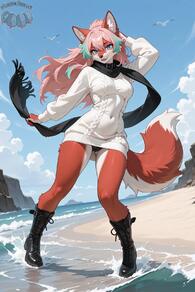 1girl animal_ears artist:animefurever beach bird black_footwear blue_eyes boots breasts character:roxie cloud cross-laced_footwear fox_ears fox_girl fox_tail full_body furry furry_female long_hair looking_at_viewer multicolored_hair ocean outdoors panties pink_hair scarf sky solo sweater tail water white_sweater // 1152x1728 // 129KB