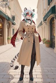 1girl ahoge animal_ears artist:animefurever blue_eyes brown_coat character:runa coat full_body furry furry_female hands_in_pockets high_heels looking_at_viewer multicolored_hair outdoors scarf smile solo standing streaked_hair tail tiger_ears tiger_girl tiger_tail white_hair // 1152x1728 // 111KB