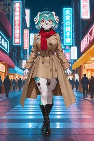1girl ahoge animal_ears artist:animefurever black_footwear boots breasts brown_coat character:cassie coat collar full_body furry furry_female glasses large_breasts looking_at_viewer night outdoors red_scarf round_eyewear scarf short_hair yellow_eyes // 1152x1728 // 153KB