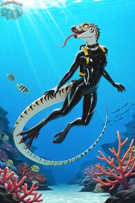 1girl artist:animefurever backpack bodysuit character:soren claws collar colored_sclera coral diving_suit fish furry furry_female light_rays open_mouth reptile_girl sharp_teeth shiny_clothes skin_tight solo swimming tail tongue tongue_out underwater yellow_eyes // 1152x1728 // 138KB