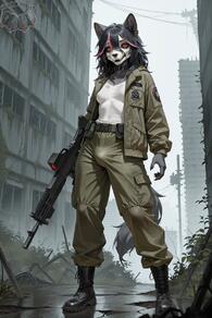 1girl animal_ears artist:animefurever belt black_belt black_footwear black_hair boots breasts building cargo_pants character:nyx colored_sclera combat_boots full_body furry furry_female gun hair_between_eyes holding holding_gun holding_weapon jacket looking_at_viewer multicolored_hair open_clothes outdoors pants red_eyes rifle ruins shirt solo standing streaked_hair tail teeth weapon white_shirt // 1152x1728 // 141KB