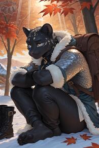 1boy artist:animefurever autumn autumn_leaves backpack bag barefoot black_fur black_pants boots character:atticus feet fur_trim furry furry_male looking_at_viewer male_focus outdoors pants sitting solo toes tree unworn_boots // 1152x1728 // 124KB