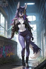 1girl animal_ears artist:animefurever bikini black_bra black_footwear black_hair black_jacket boots bra breasts character:celeste collar cross-laced_footwear denim ear_piercing full_body furry furry_female graffiti hair_between_eyes jacket jeans leather leather_jacket long_hair long_sleeves looking_at_viewer multicolored_hair navel open_clothes open_jacket pants piercing purple_hair small_breasts solo standing stomach tail torn_clothes torn_pants wolf_ears wolf_girl wolf_tail yellow_eyes // 1152x1728 // 162KB