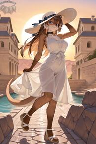 1girl animal_ears artist:animefurever blue_eyes breasts brown_hair character:vivienne collar dress full_body furry furry_female hand_on_headwear hat large_breasts long_hair looking_at_viewer multicolored_hair outdoors sandals see-through see-through_dress see-through_silhouette smile solo standing standing_on_one_leg sun_hat sundress sunset tail water white_dress white_headwear // 1152x1728 // 116KB