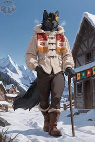1boy animal_ears artist:animefurever boots brown_footwear cane character:grath full_body furry furry_male hand_in_pocket male_focus outdoors pants scarf snow solo tail thick_eyebrows winter_clothes // 1152x1728 // 125KB