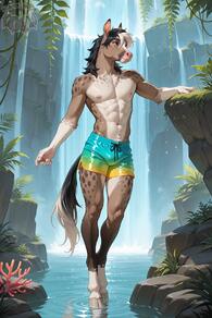 1boy abs animal_ears artist:animefurever black_hair blue_eyes character:rosalie full_body furry furry_male male_focus male_swimwear multicolored_hair navel nipples outdoors pectorals solo tail topless_male water waterfall white_hair // 1152x1728 // 154KB